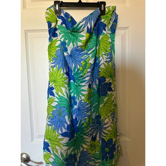 Source Unknown Other - Tropical Floral Beach Coverup – Blue, Green & White Print